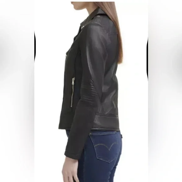 Guess Moto Black Leather Jacket with Asymmetrical Zipper Gold Ascents Size S/M - Picture 4 of 13